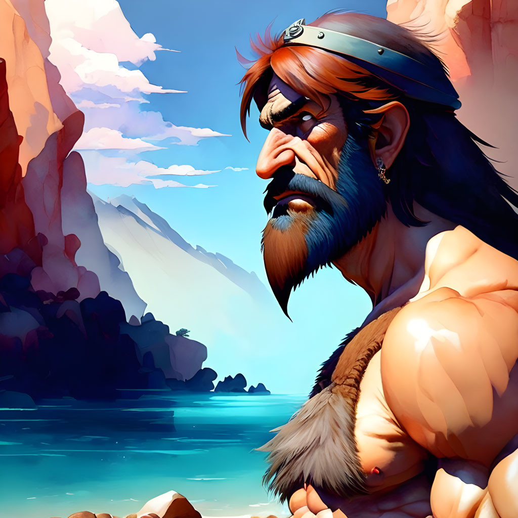 Muscular bearded pirate with bandana in front of scenic cliffs and sea