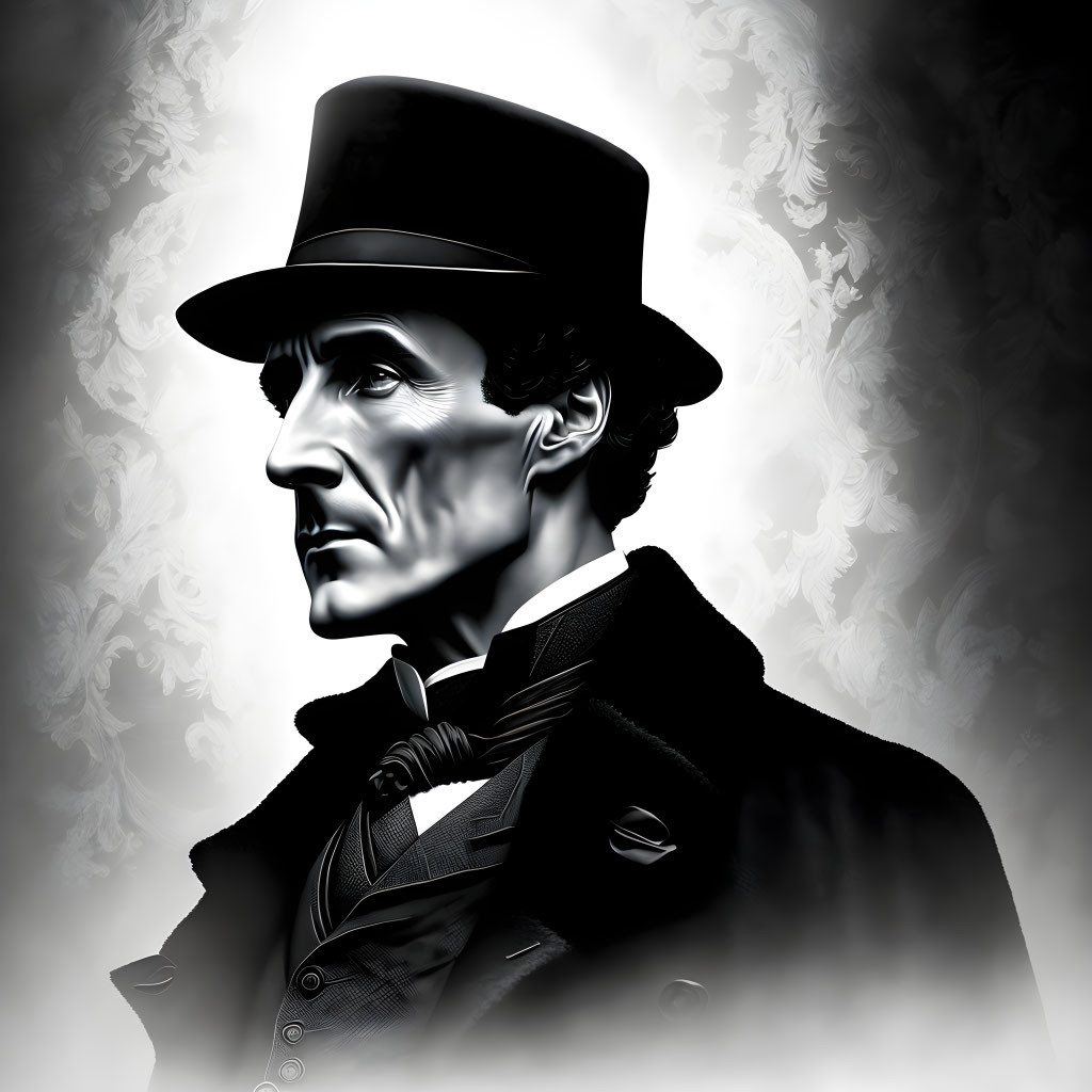 Monochrome illustration of a man in top hat and formal attire