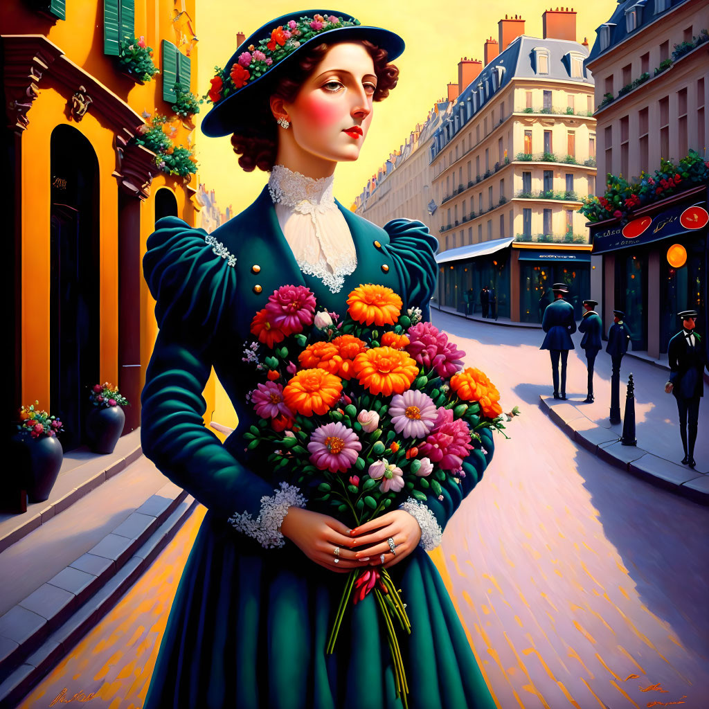 Vintage-clad woman with flowers on Parisian street scene