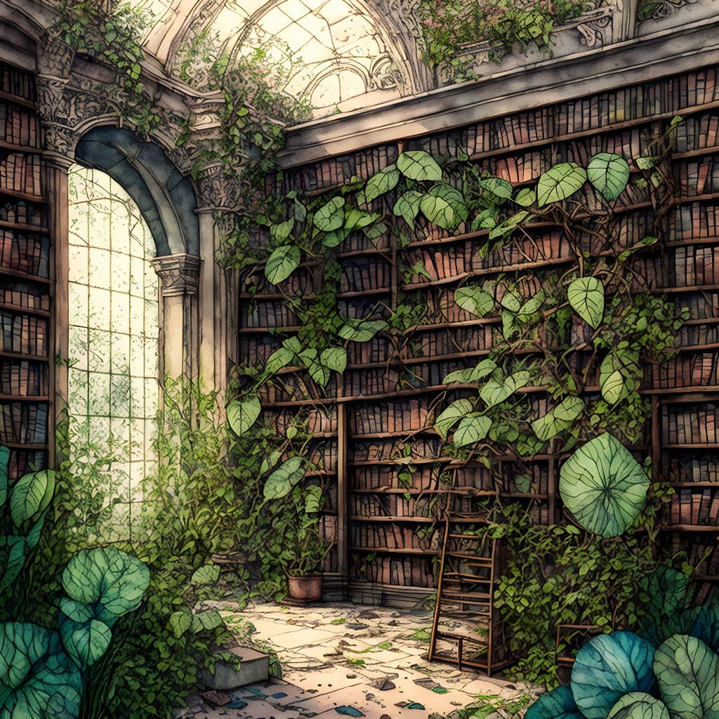 Ivy-covered library with towering bookshelves and scattered books