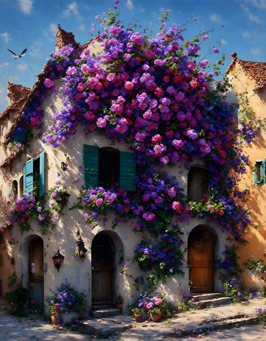 Rustic house with purple flowers and green shutters under blue sky