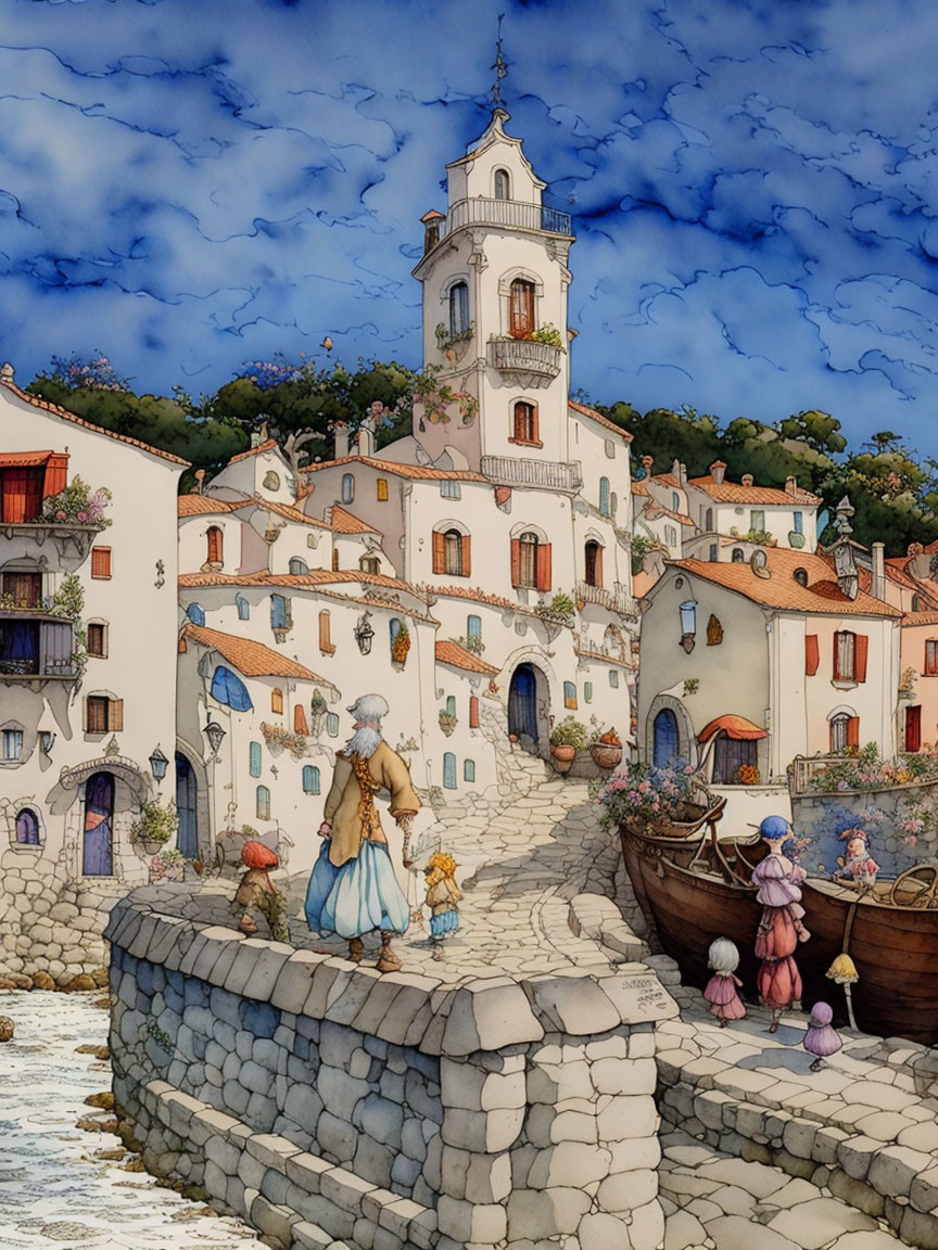 Whimsical hillside town by the sea with bell tower & colorful buildings