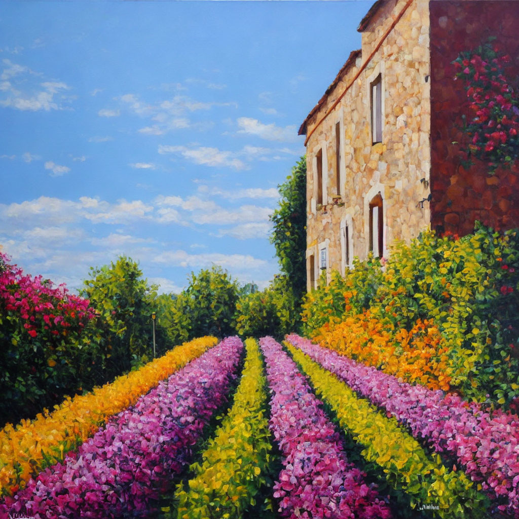 Colorful painting: Stone building, flower path, blue sky