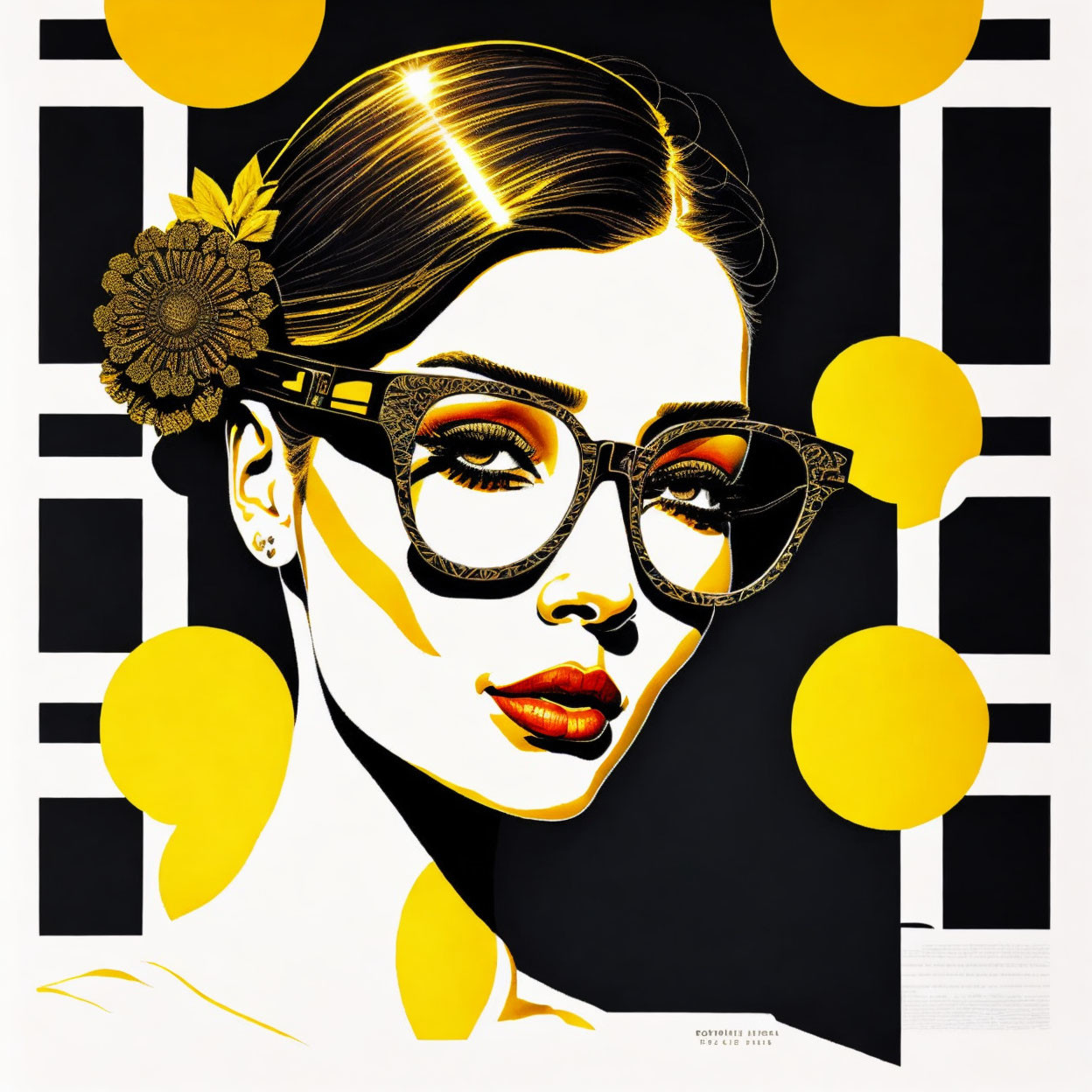 Abstract woman portrait with ornate glasses and floral hairpiece in bold colors and geometric shapes.