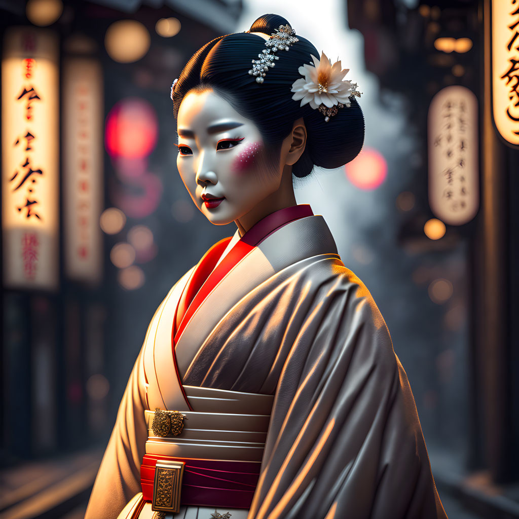 Traditional geisha in white makeup and red lips with floral hairpiece amidst Japanese lanterns.