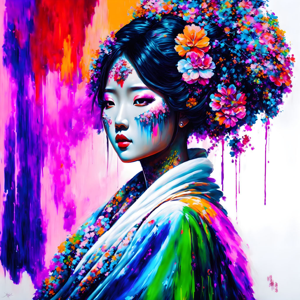 Colorful artwork of woman with blue skin and floral hair adornments.