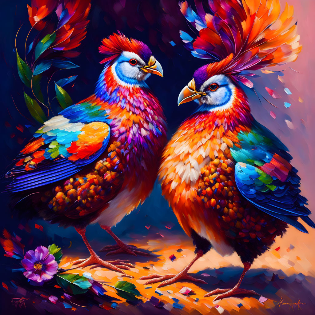 Colorful Stylized Birds Illustration with Vibrant Feathers
