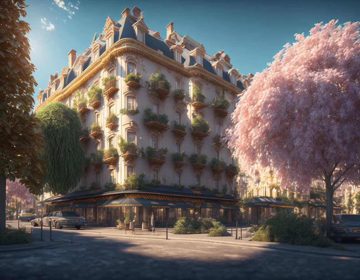 Classical building with balcony gardens and cherry trees at sunrise