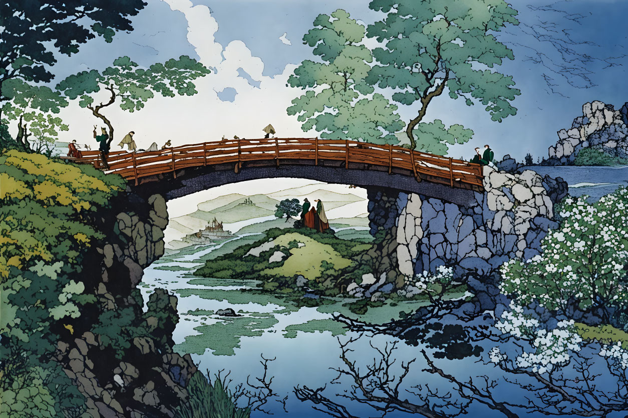 Scenic illustration of wooden bridge over river with people crossing in lush green landscape