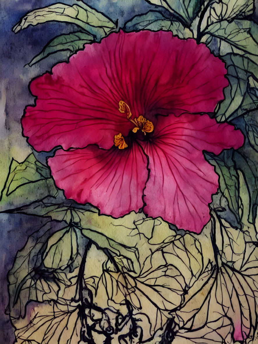 Large Pink Hibiscus Flower Illustration with Yellow Stamens & Green Leaves