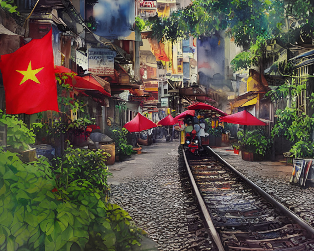 Vietnamese flag in vibrant street scene with cobblestone path, train tracks, red umbrellas,