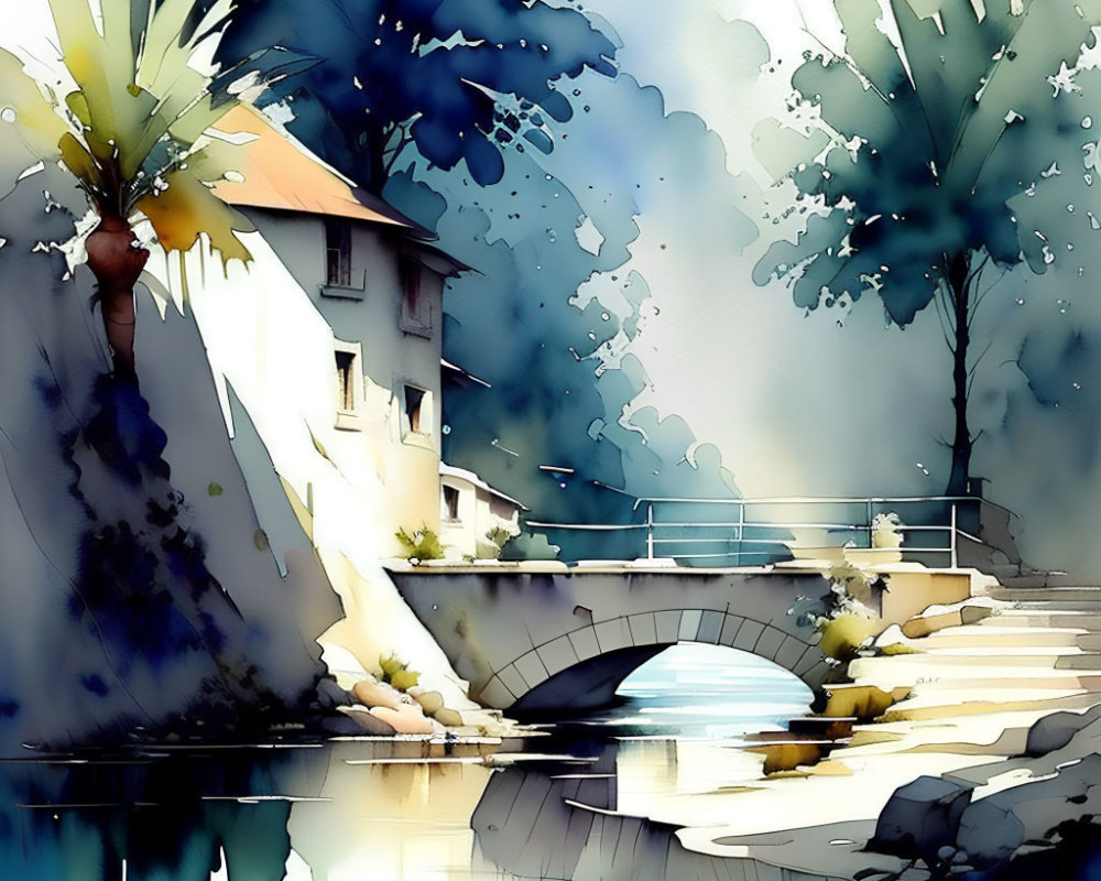 Serene riverside watercolor painting with boat, trees, house in blues, yellows, whites