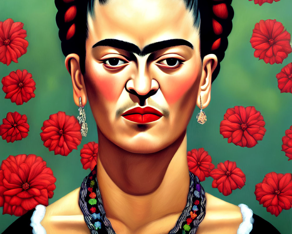 Portrait of Woman with Unibrow, Red Lips, Braided Hair, and Red Flowers on Floral