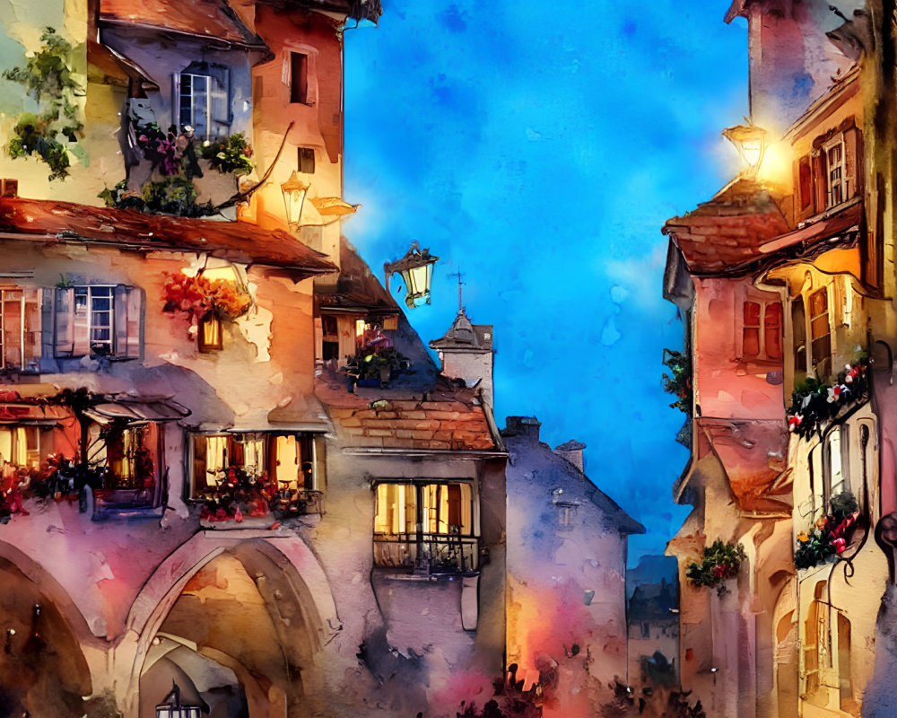 Vibrant watercolor of European street at dusk with illuminated lamps and starry sky