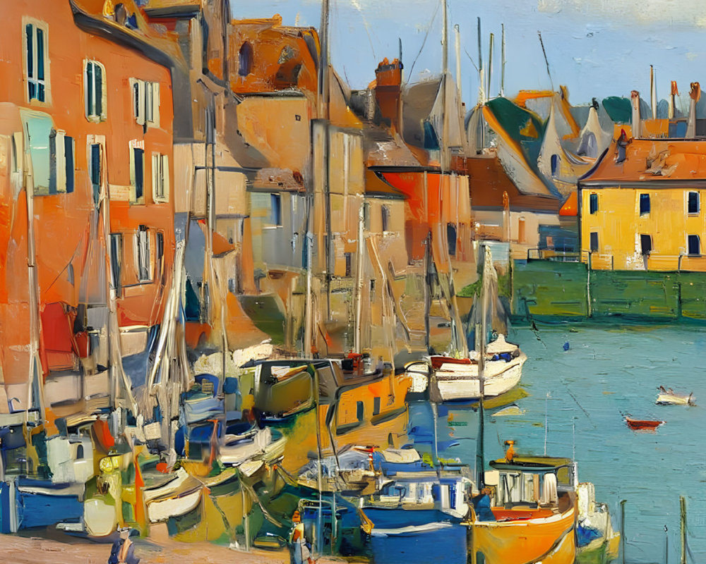 Vibrant harbor scene with boats, townhouses, and clear blue sky