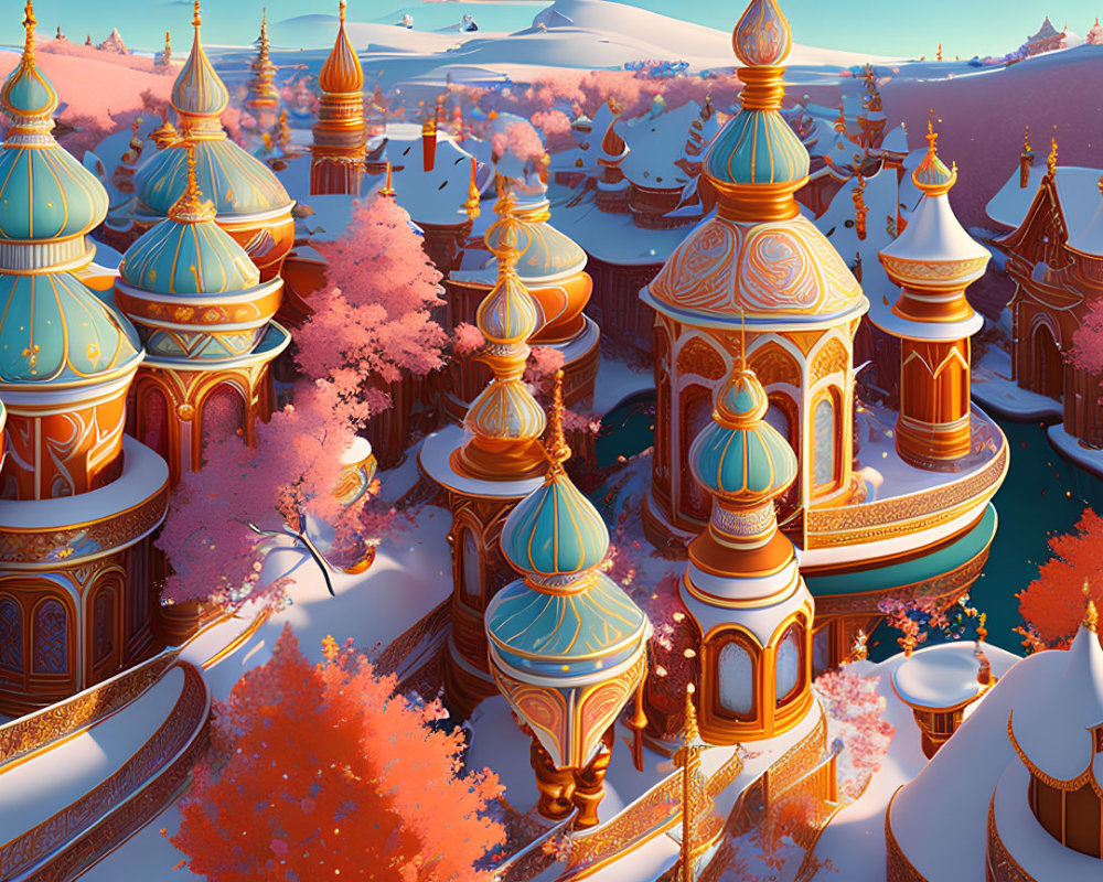 Colorful snowy landscape with ornate buildings and cherry trees