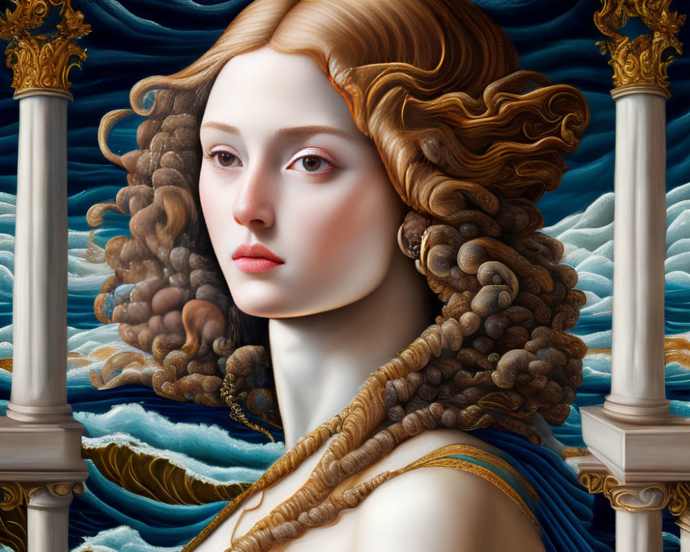 Intricate surreal portrait of woman with classical features amidst stormy seas.