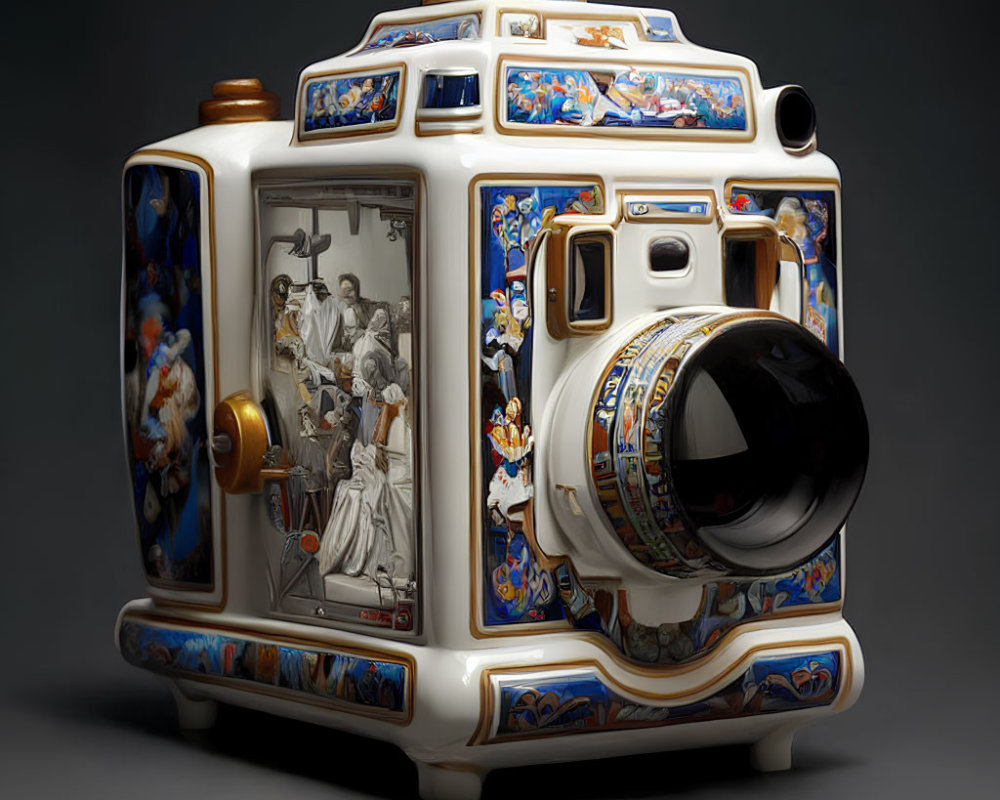 Intricate Blue and Gold Porcelain Camera Sculpture on Gray Background