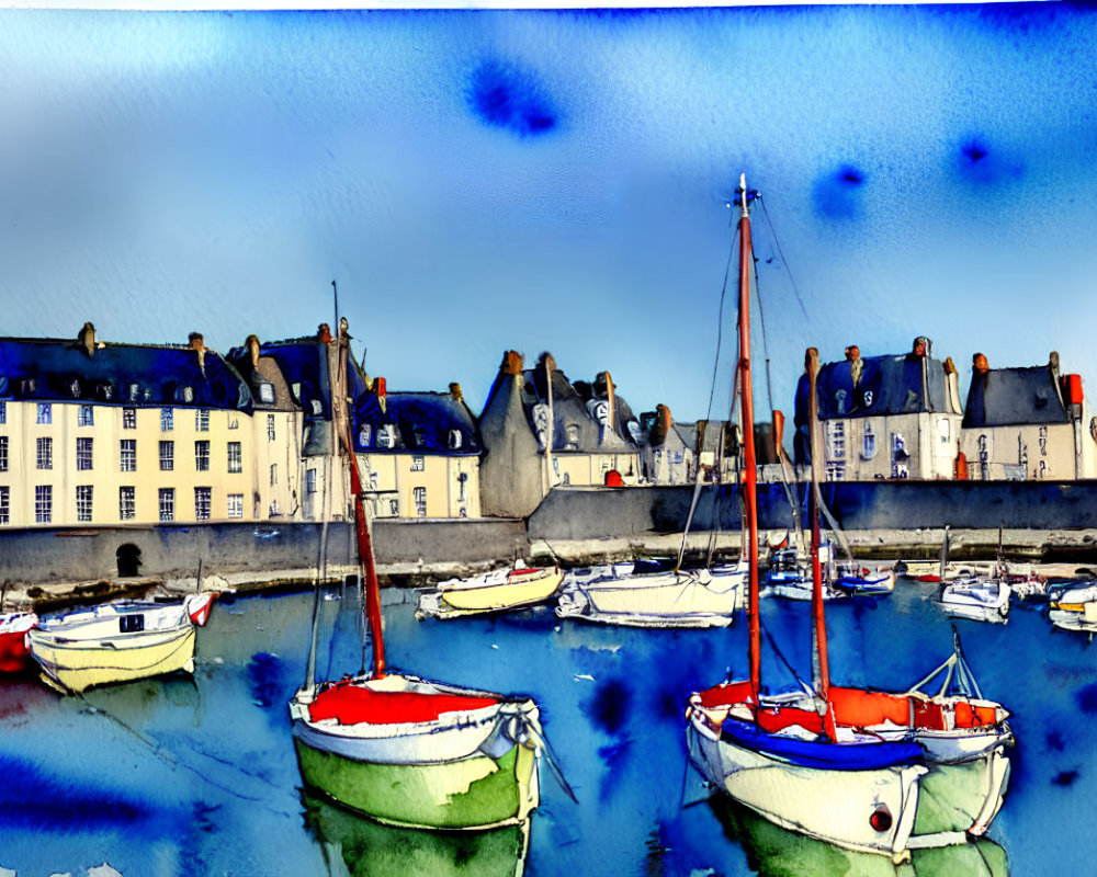 Colorful boats and traditional buildings in a vibrant harbor scene.