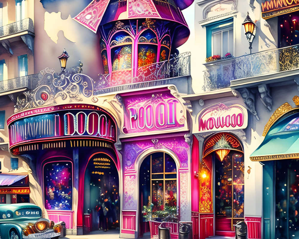 Whimsical Parisian street with Moulin Rouge windmill, vintage car, and glowing store fronts