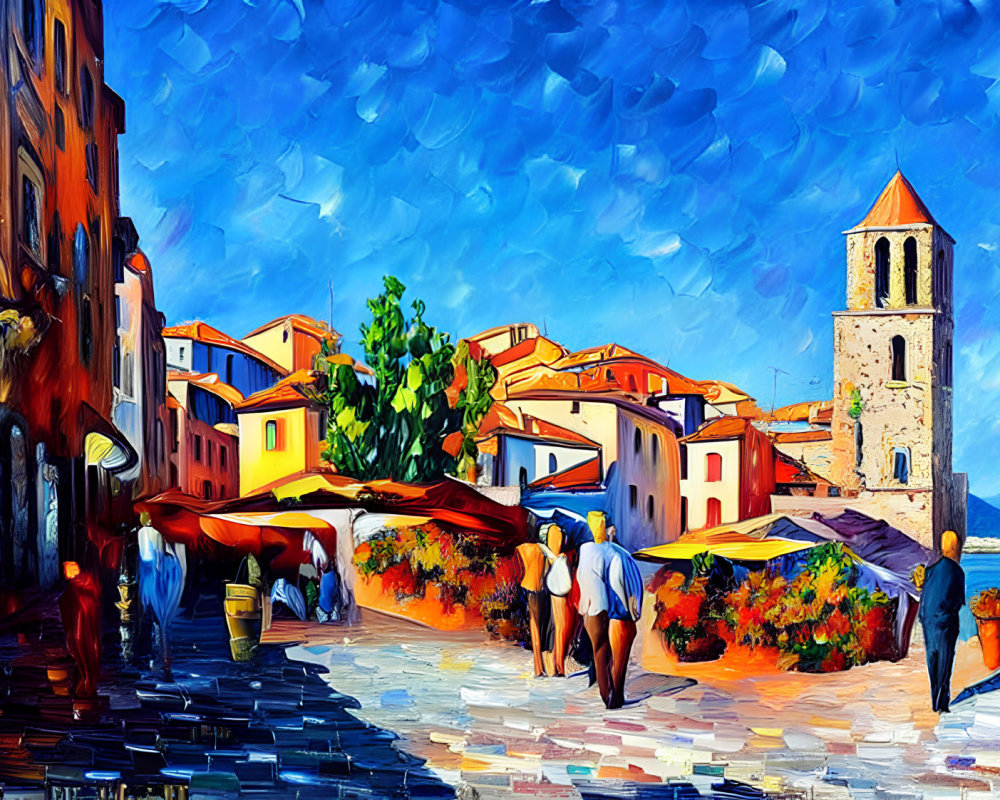 Colorful impressionistic painting of Mediterranean coastal town with bell tower and street vendors under blue sky