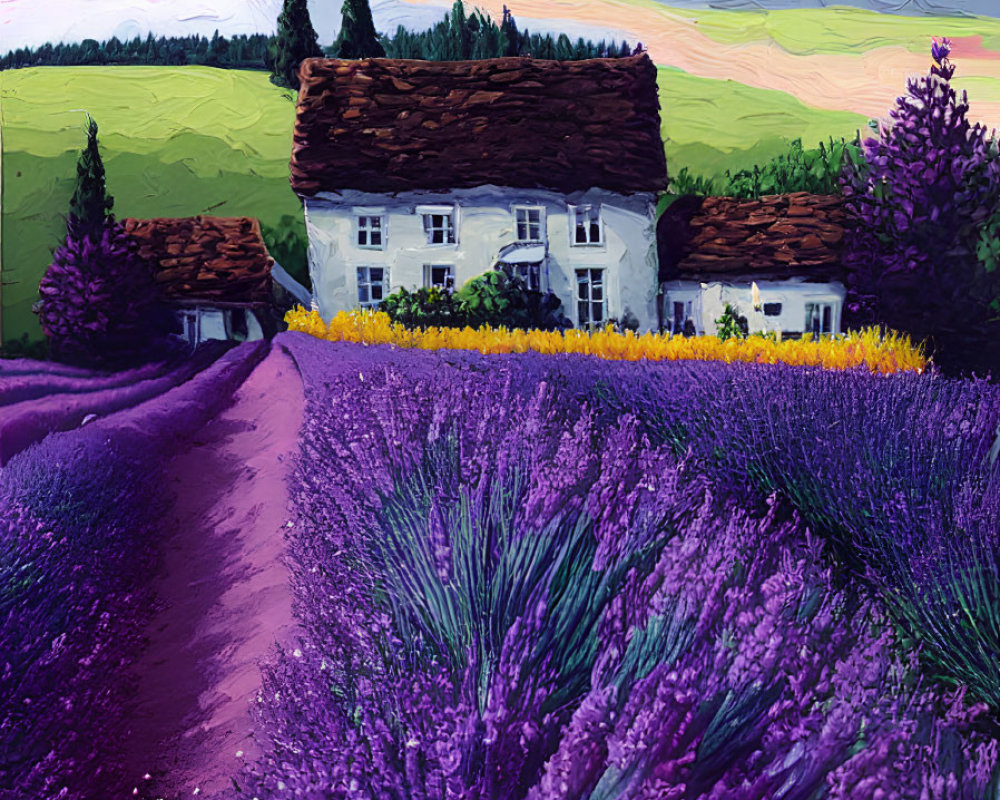 Colorful countryside scene with white house, green fields, lavender, and cloudy sky