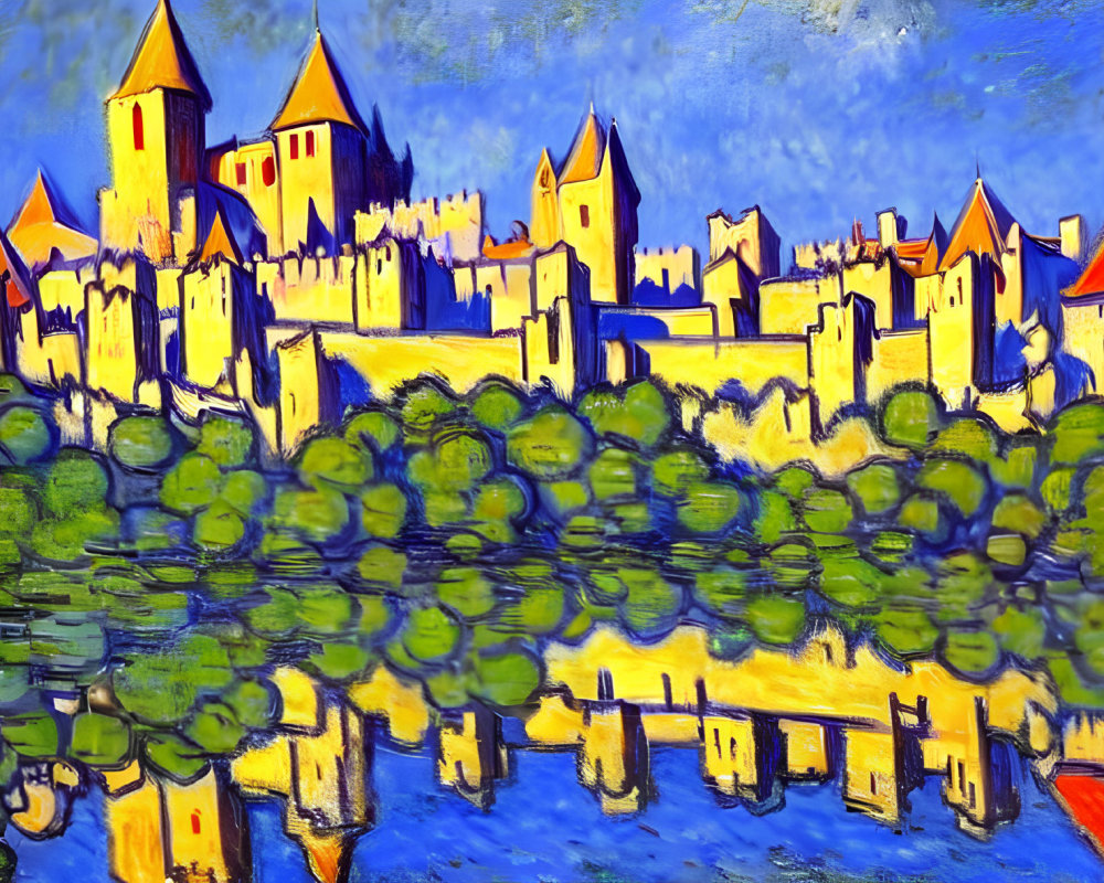 Medieval walled city painting in bold blue and yellow hues