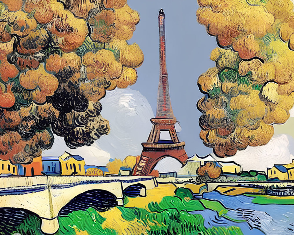 Eiffel Tower painting with autumn trees, Seine river, and sunny sky