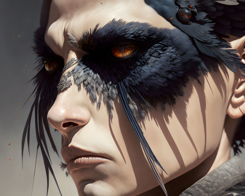 Close-Up Digital Artwork Featuring Person with Black Feather Adornments, Amber Eyes, Tribal Paint,