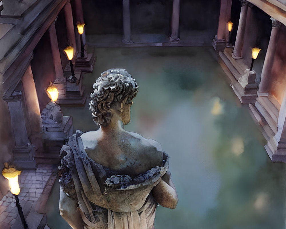 Ancient Roman bathhouse with classical statue and warm lights