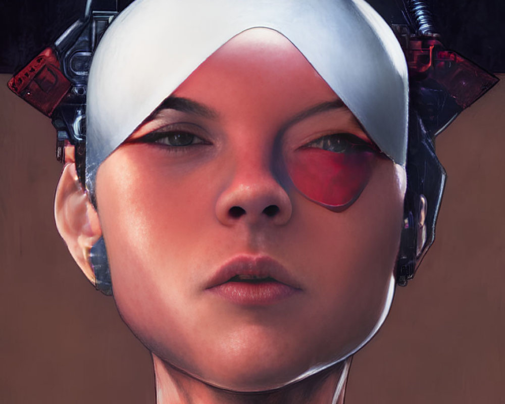 Portrait of a person with red ocular device and mechanical headpiece on brown background