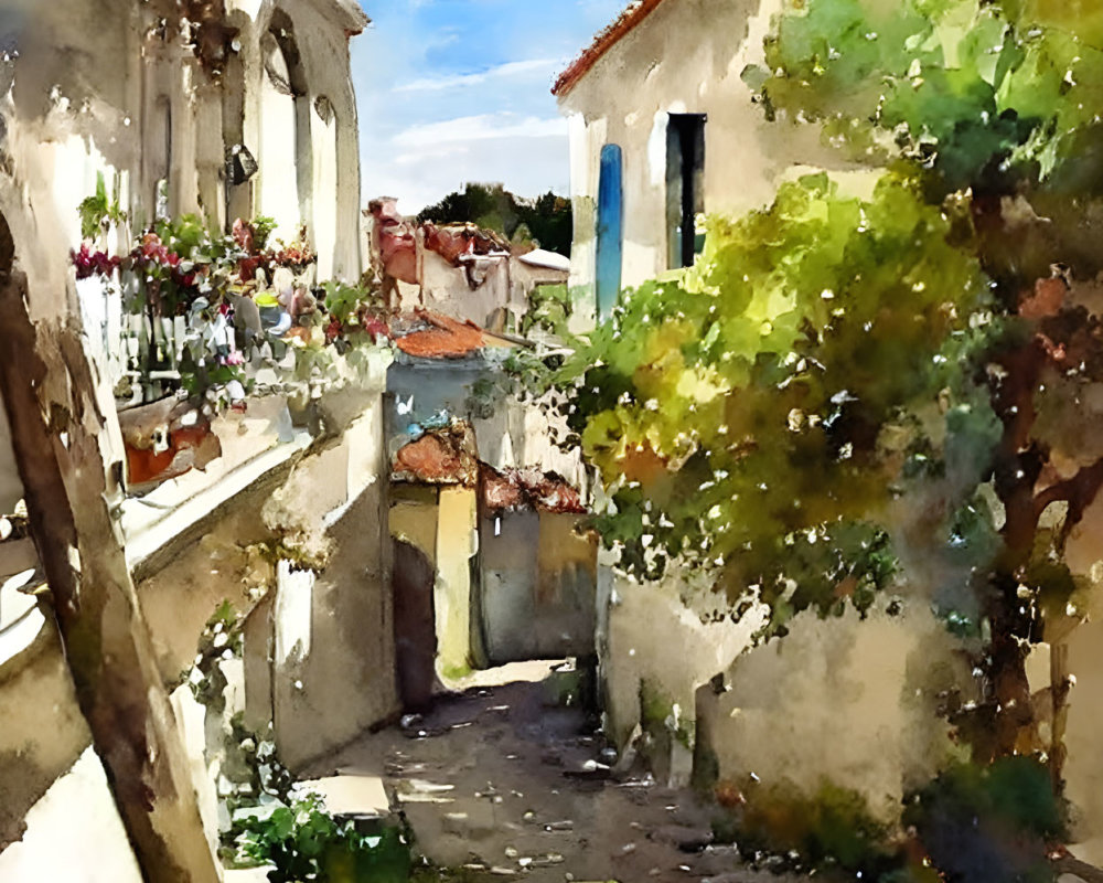 Colorful Watercolor Painting of European Alleyway with Buildings and Trees