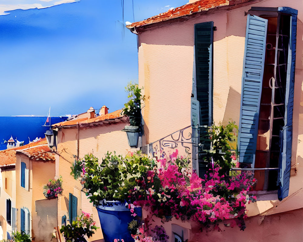 Mediterranean-style buildings with terracotta roofs and blue shutters by the sea