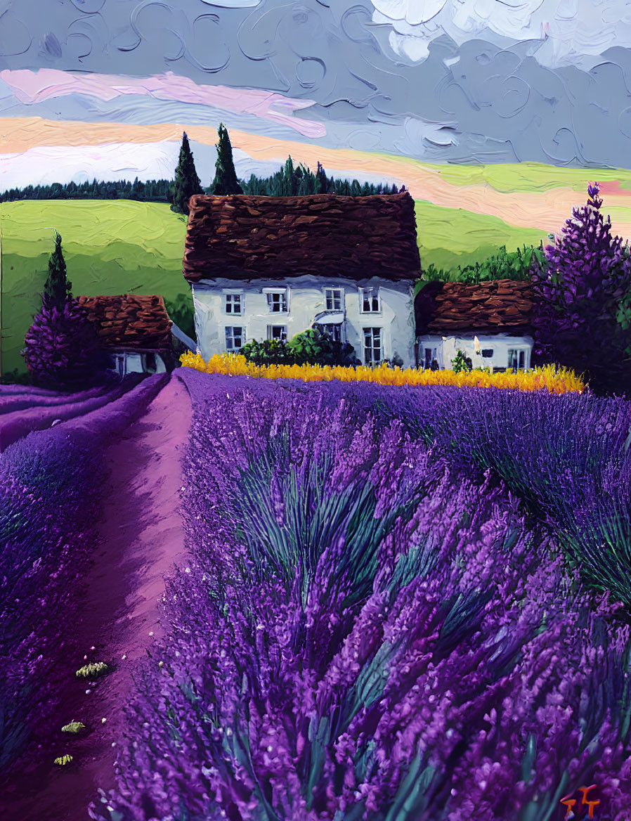 Colorful countryside scene with white house, green fields, lavender, and cloudy sky