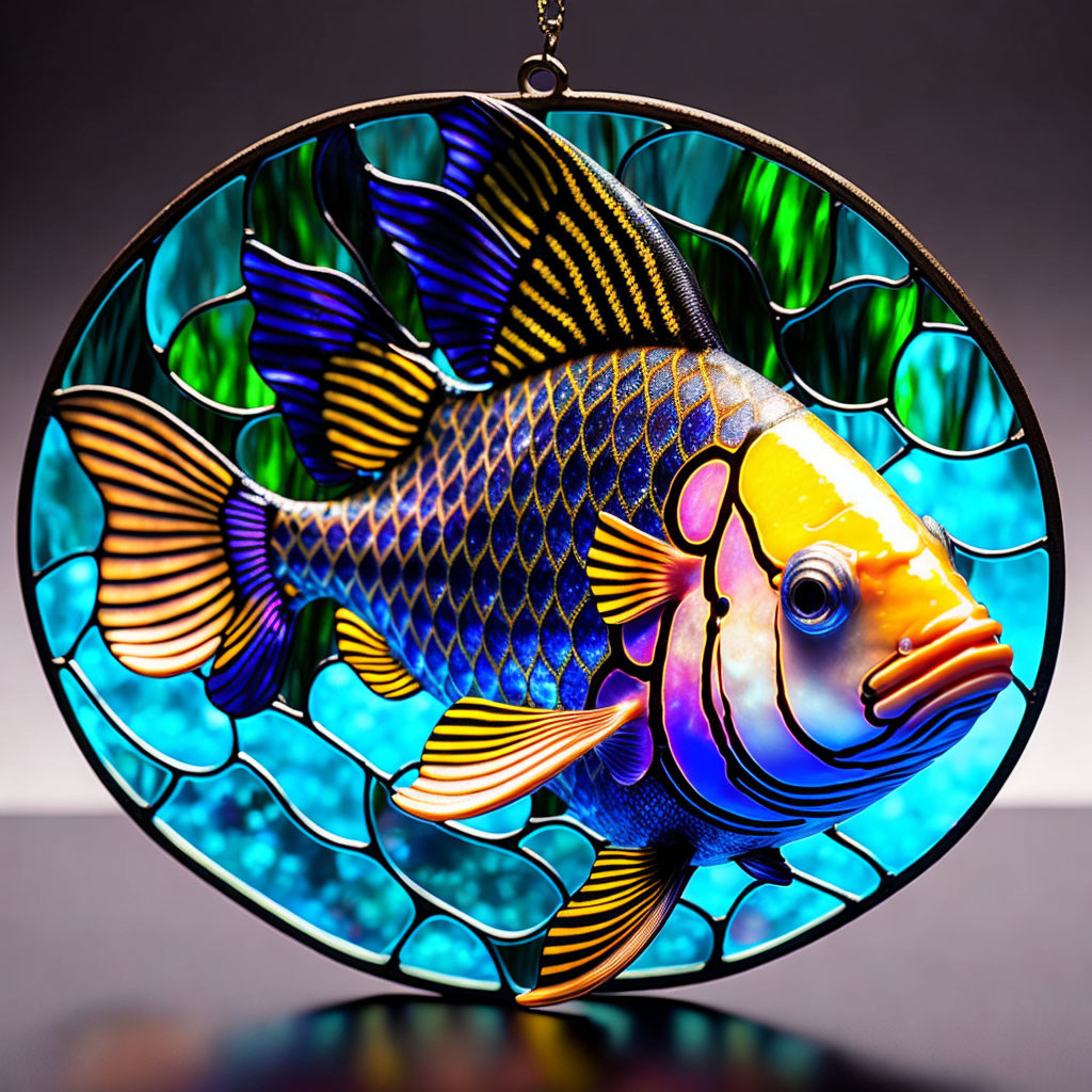 Vibrant fish stained glass suncatcher on blue-green bubbly background