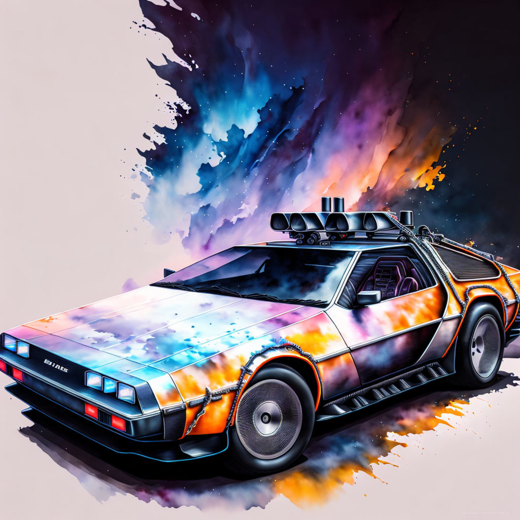 Colorful DeLorean car in cosmic setting exudes motion and time travel fantasy