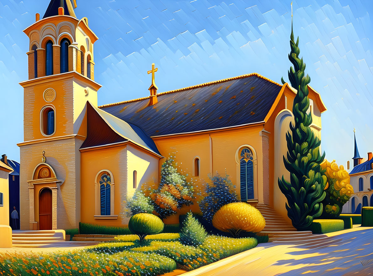 Colorful church illustration with tall spire in bright blue sky and lush greenery