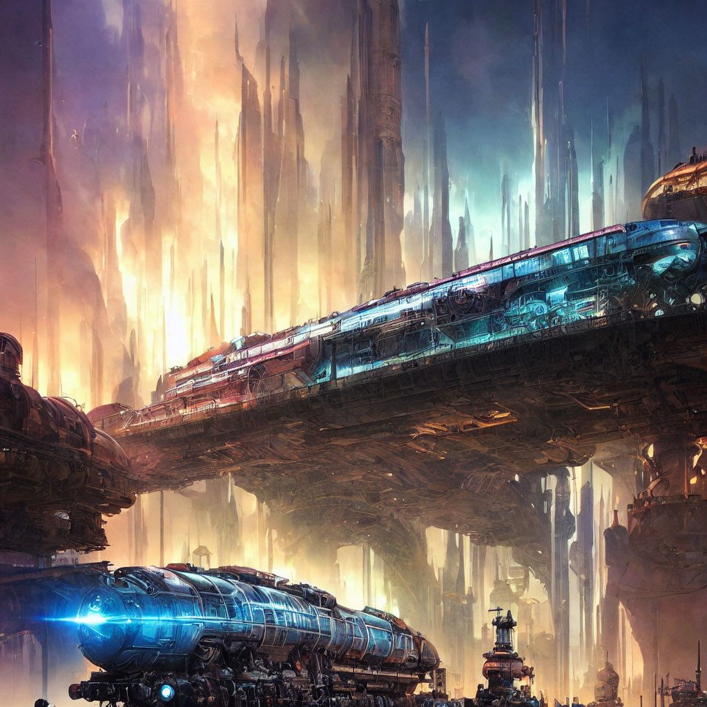 Futuristic city with towering spires and advanced trains in hazy backdrop