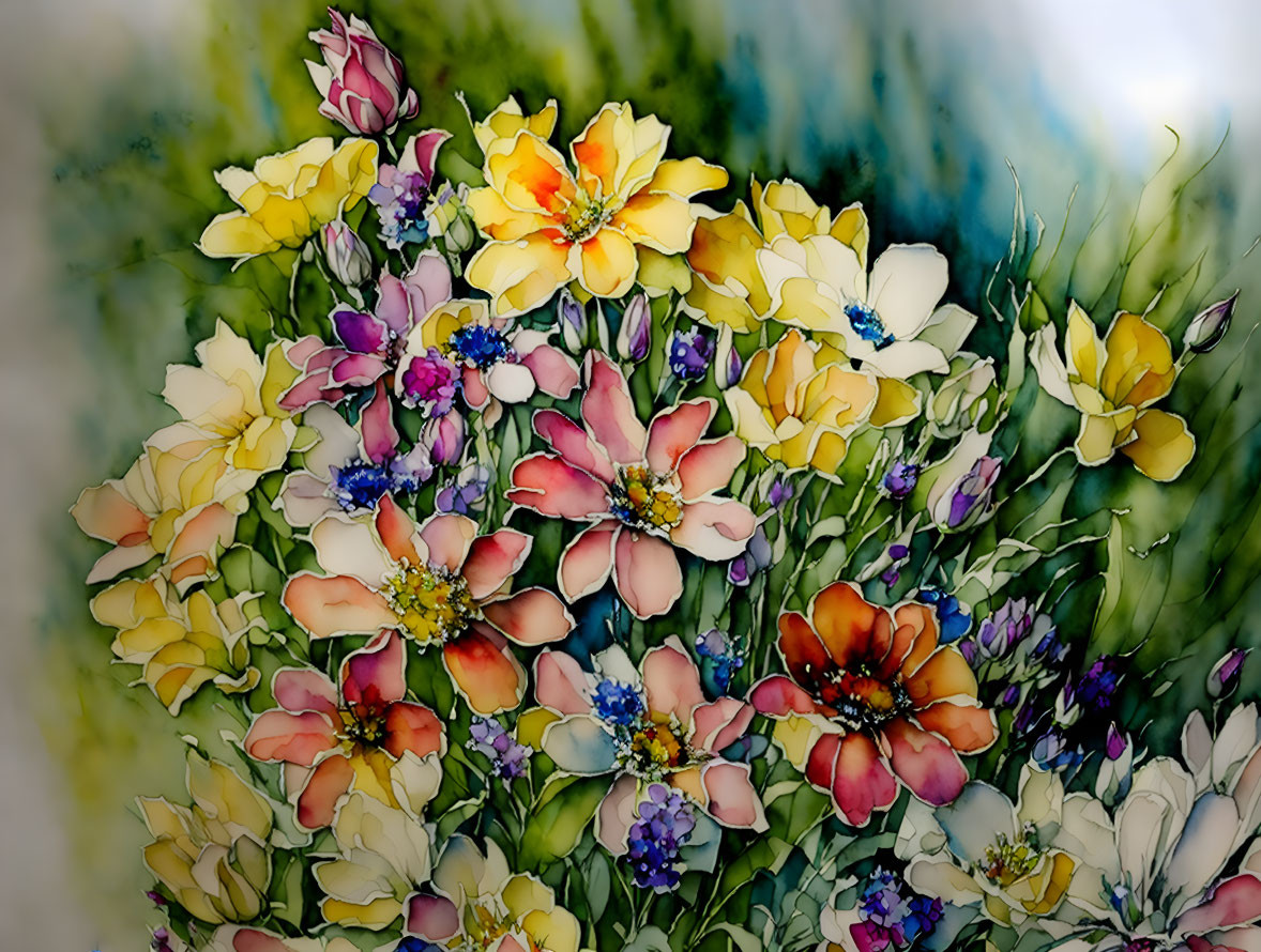 Colorful Floral Arrangement Painting with Watercolor Effect