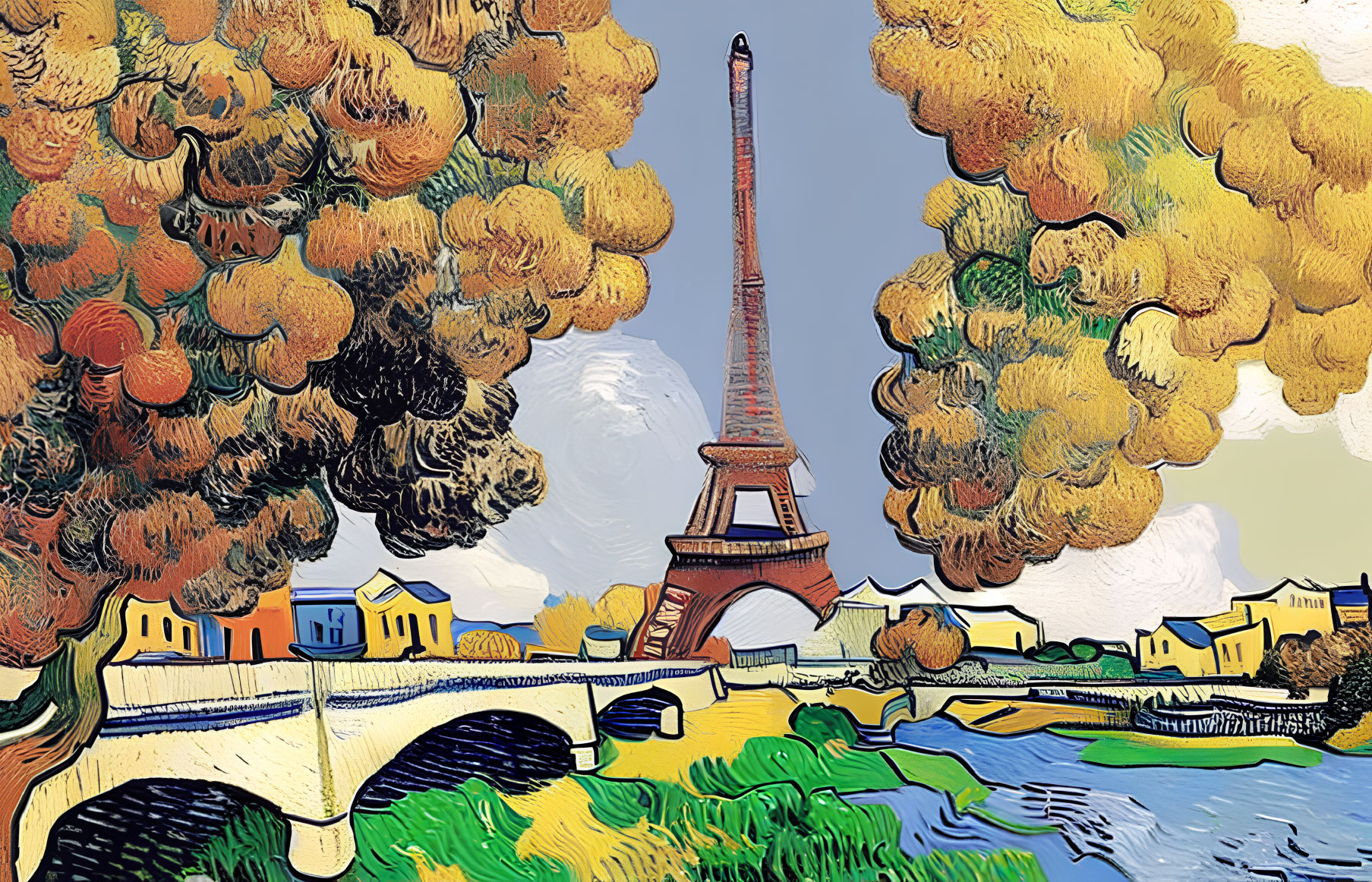 Eiffel Tower painting with autumn trees, Seine river, and sunny sky