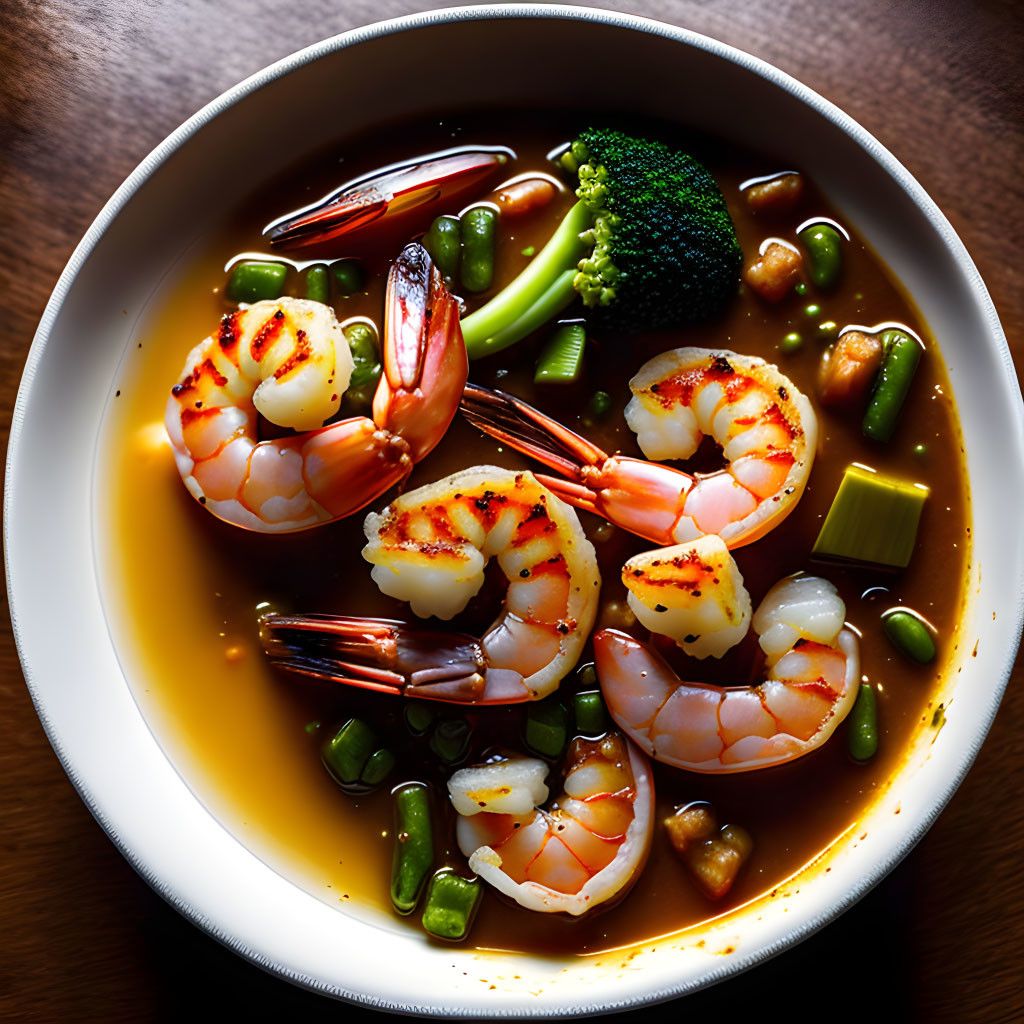 Savory shrimp and vegetable soup with broccoli and peas