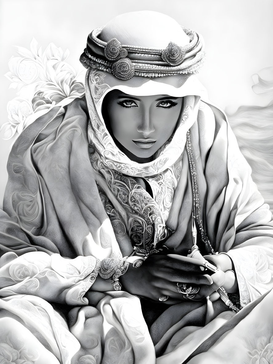 Monochrome portrait of woman in Middle Eastern attire with jewelry and headscarf.