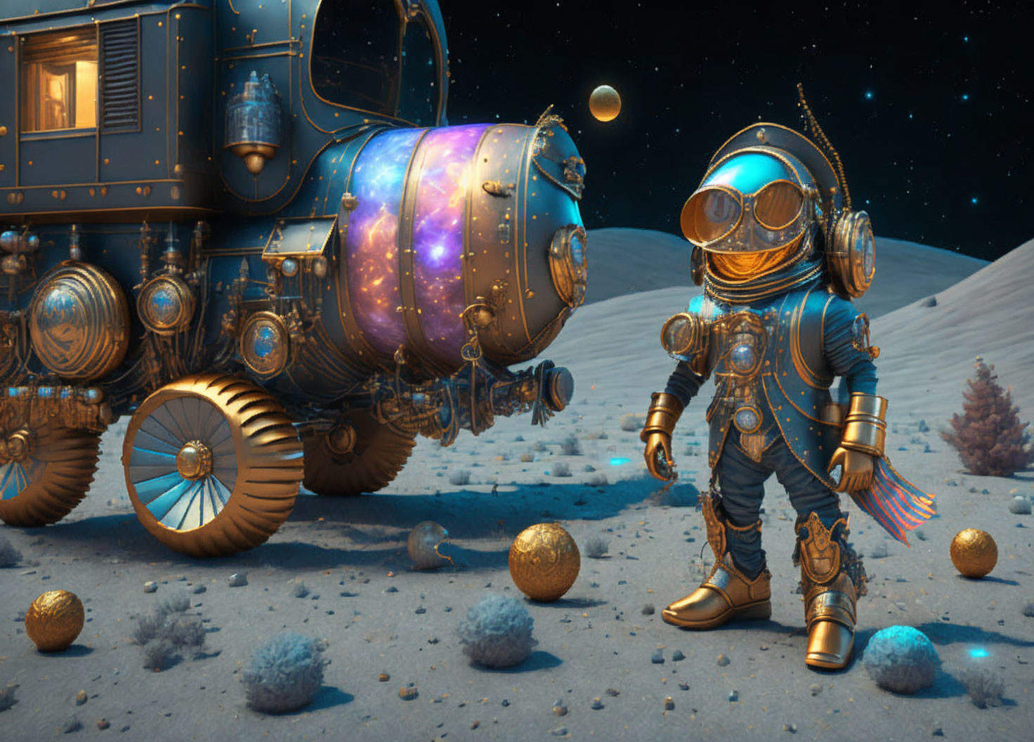 Vintage spacesuit astronaut with steam locomotive on lunar landscape