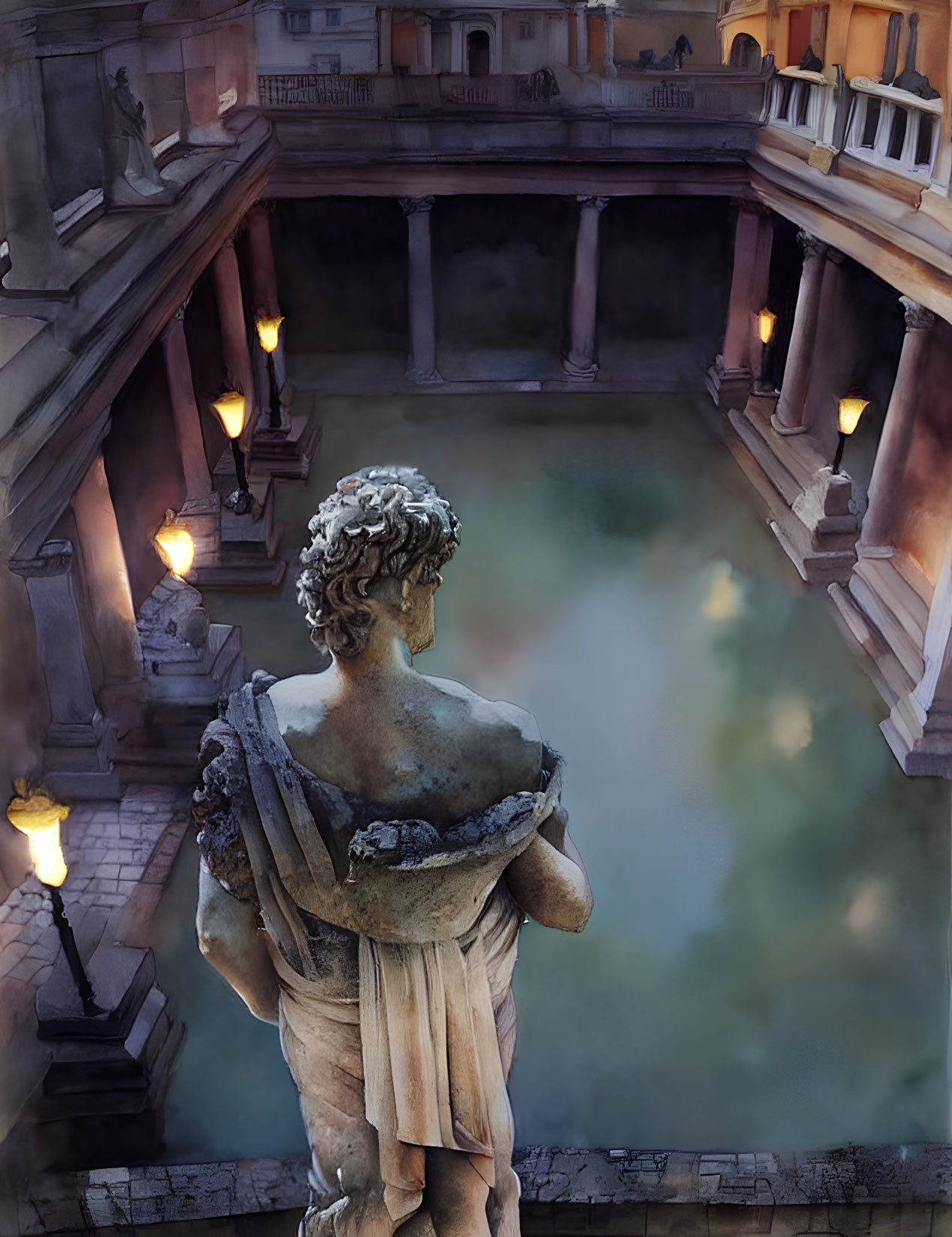 Ancient Roman bathhouse with classical statue and warm lights