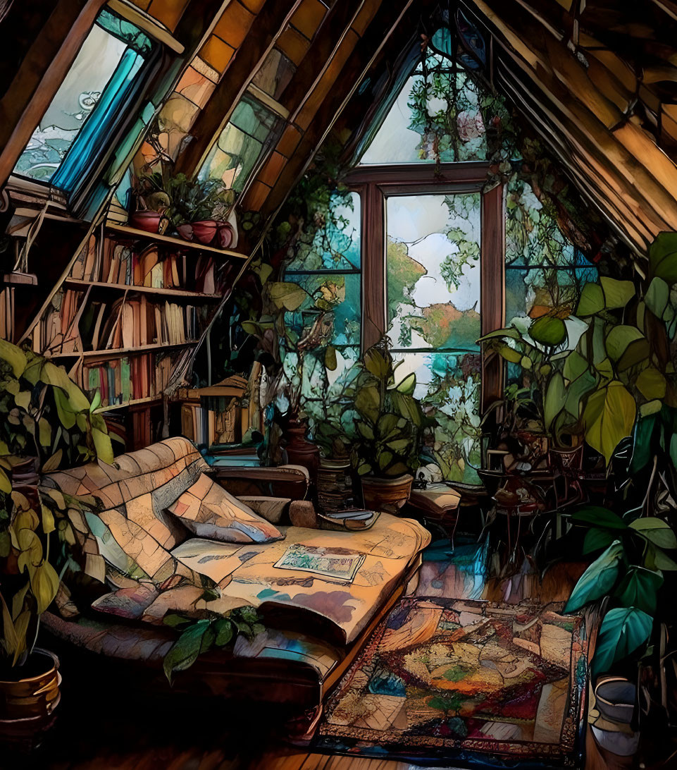 Cozy attic room with books, plants, couch & sunlight