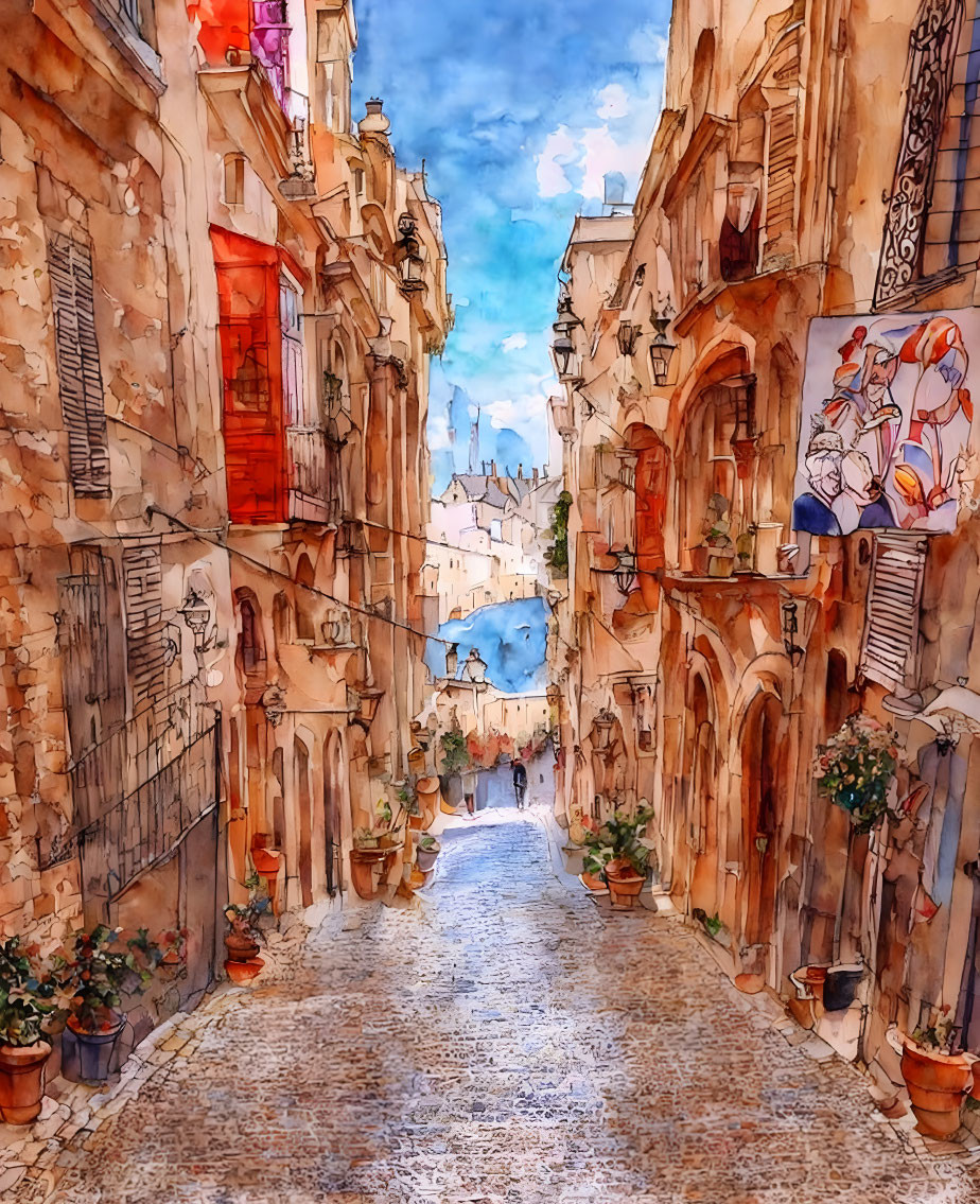 European Alleyway Watercolor Painting with Cobblestones and Warm Buildings