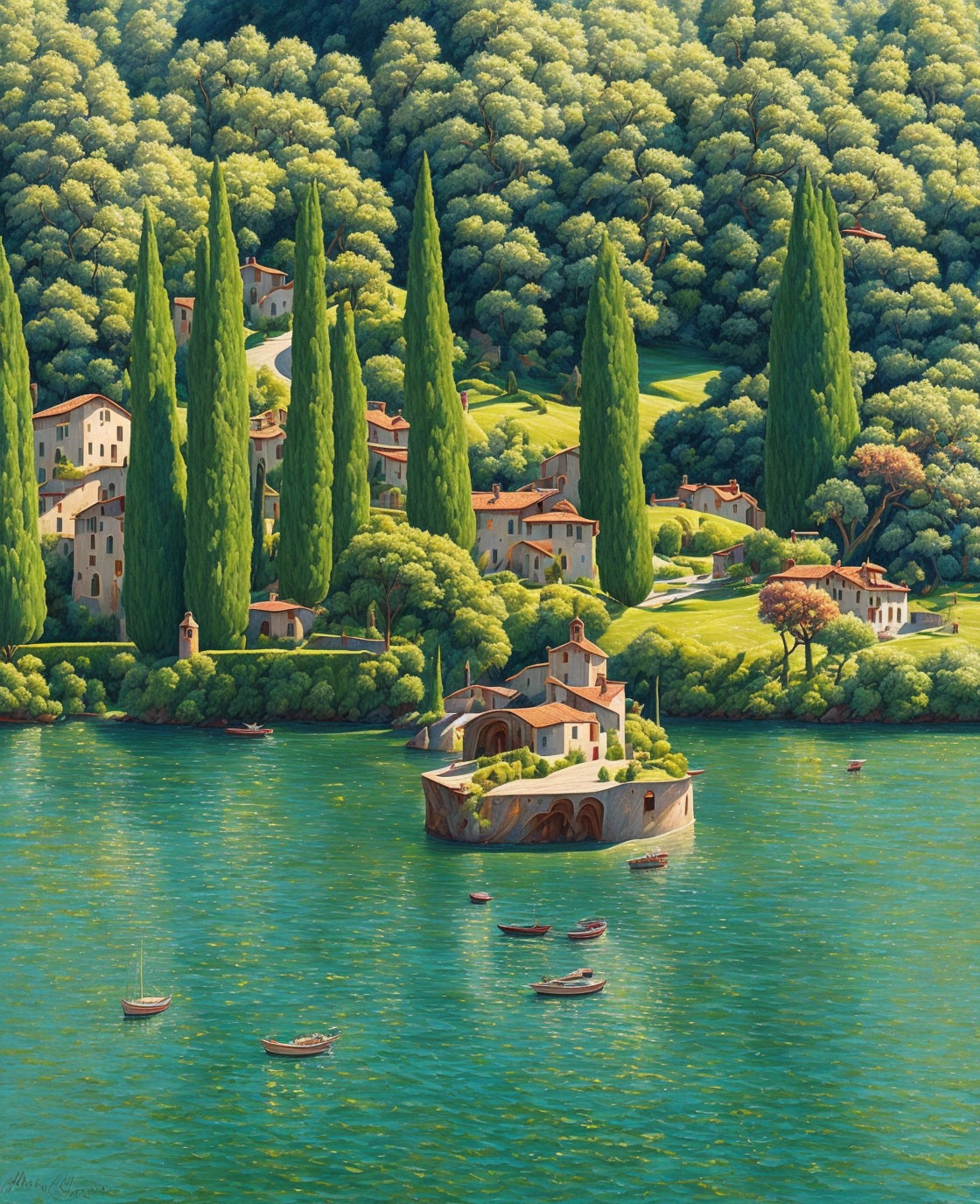 Tranquil lakeside view with lush green trees and boats