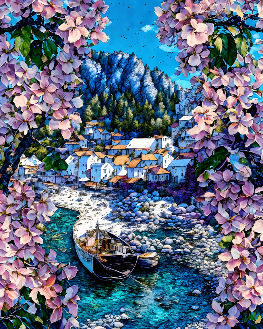 Colorful village scene with river, pink flowers, hillside houses, and boats.