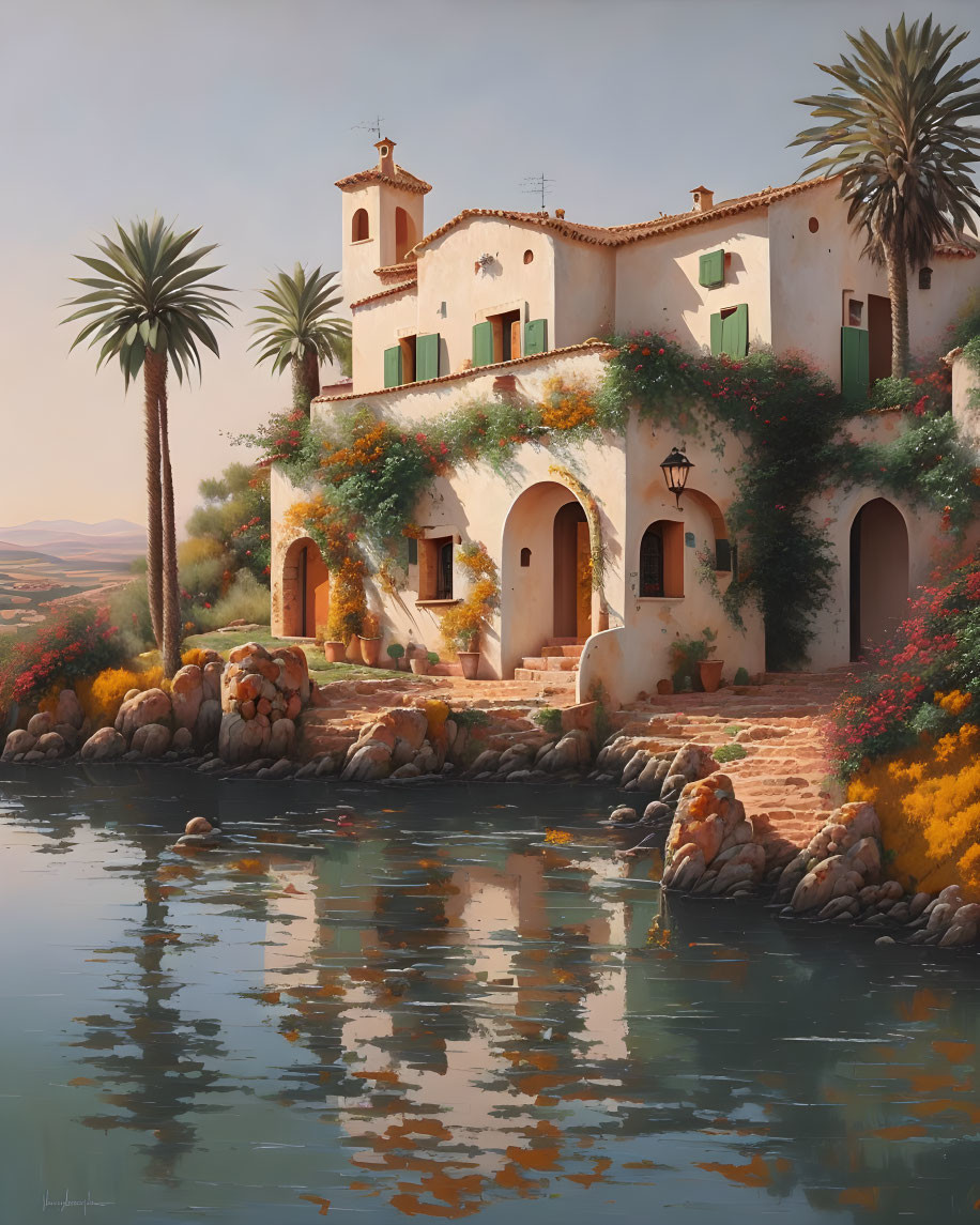 Mediterranean Villa with Orange Roofs and Palm Trees by Tranquil Water