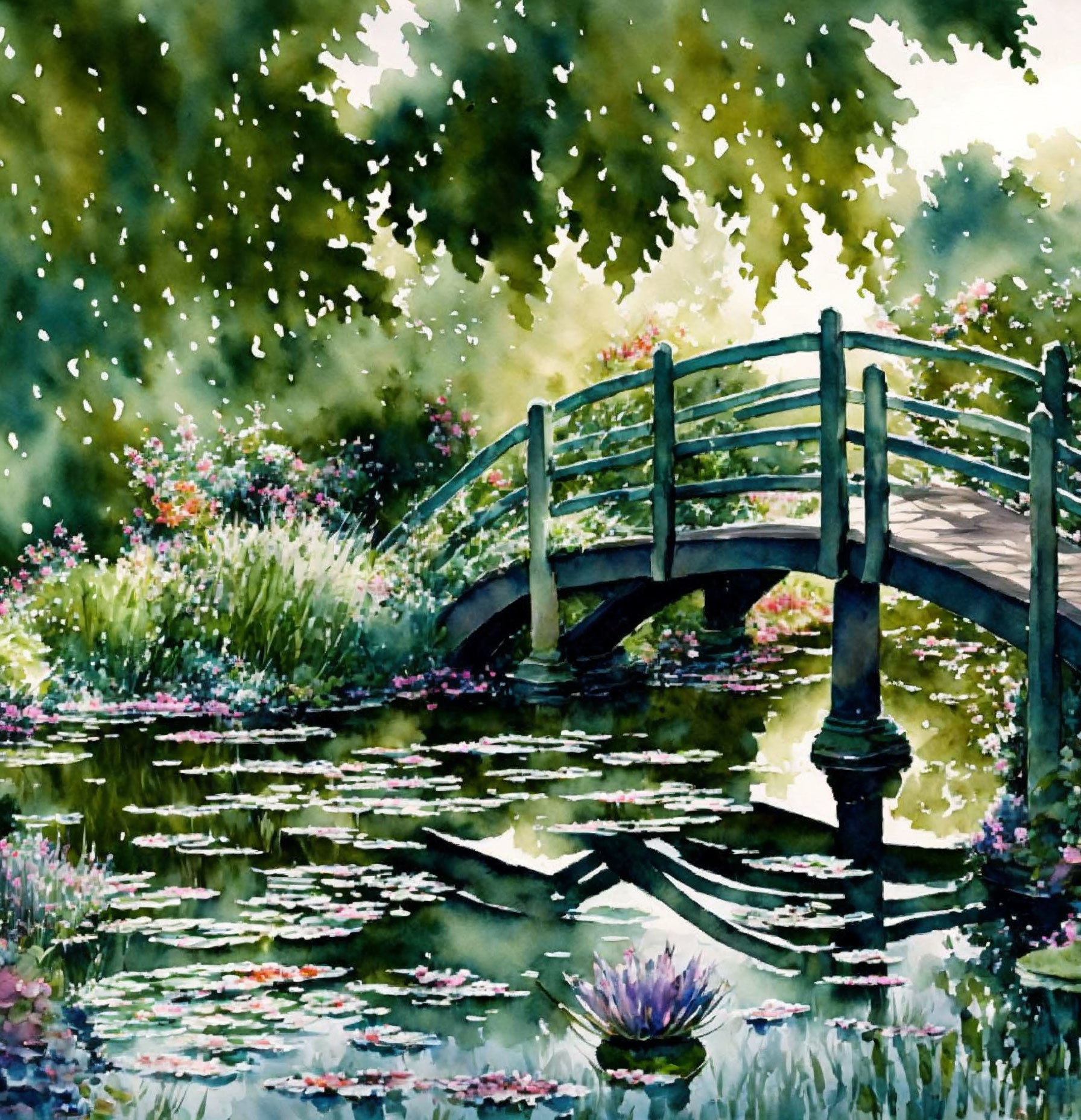 Tranquil watercolor: Wooden bridge over serene pond